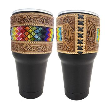 30 oz Insulated Black Tumbler with Removable Argentina Cow Leather Beaded Sleeve - rainbow