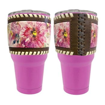 30 oz Insulated Pink Tumbler with Removable Argentina Cow Leather Floral Sleeve