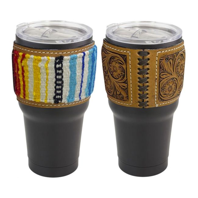 30 oz Insulated Black Tumbler with Removable Argentina Cow Leather Wool Saddle Blanket Sleeve