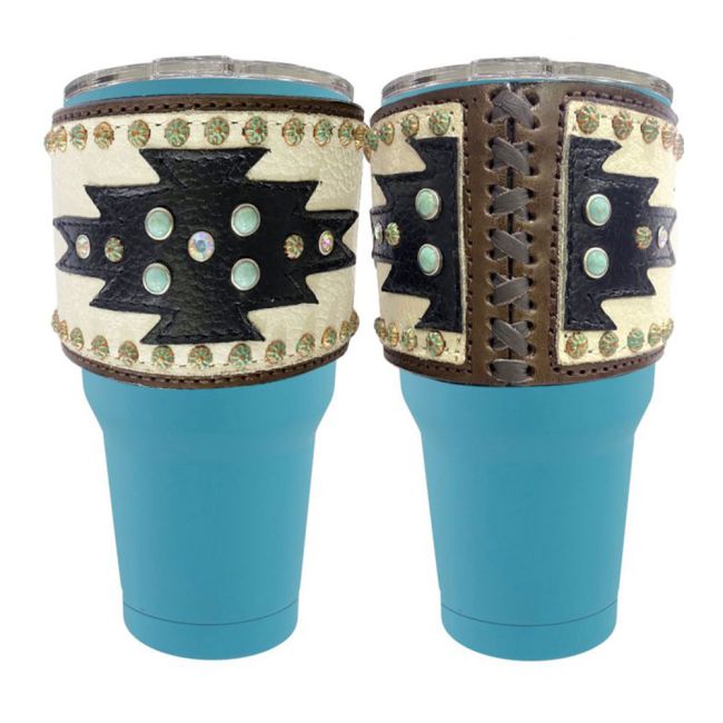 30 oz Insulated Teal Tumbler with Removable Argentina Cow Leather black and white sleeve