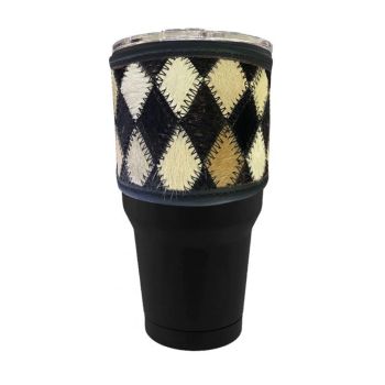 30 oz Insulated Black Tumbler with Removable Argentina Cow Leather black and white diamond sleeve