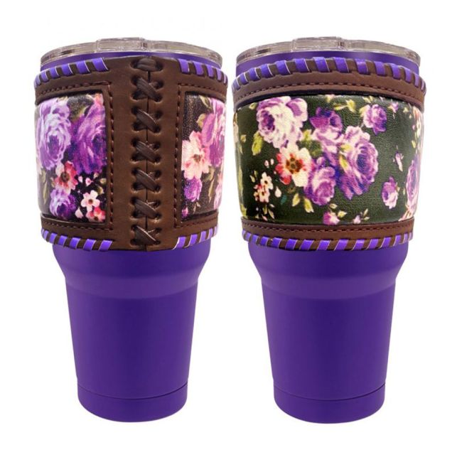 30 oz Insulated Purple Tumbler with Removable Argentina Cow Leather Floral Sleeve