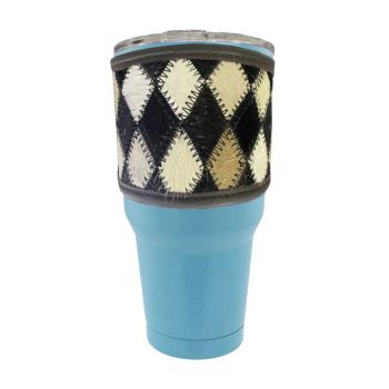 30 oz Insulated Teal Tumbler with Removable Argentina Cow Leather black and white diamond sleeve