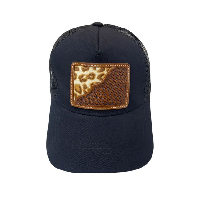 Women's Ponytail Adjustable Baseball Cap - Cheetah Hair on Cowhide&#47;Basket Tooled Leather