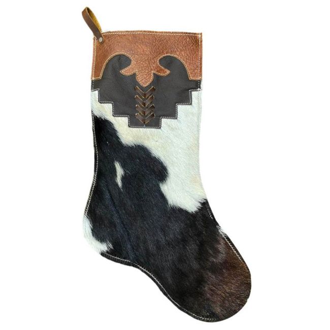 Showman Black and White Cowhide Christmas Stocking - Chevron Lacing