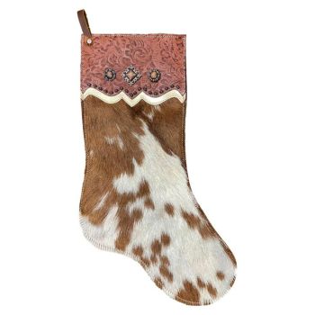 Showman Brown and White Cowhide Christmas Stocking - Tooled Cuff