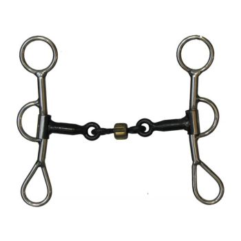 Showman stainless steel Colt snaffle bit with 6" cheeks. 5" sweet iron 3 piece snaffle with a center dog bone and copper roller