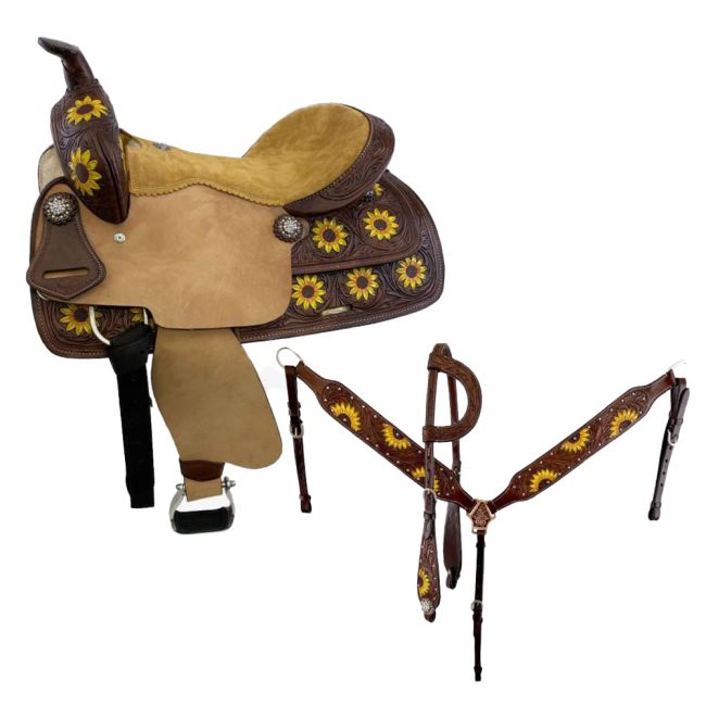 15", 16" Double T Barrel Style Saddle with Hand Painted Sunflower Design