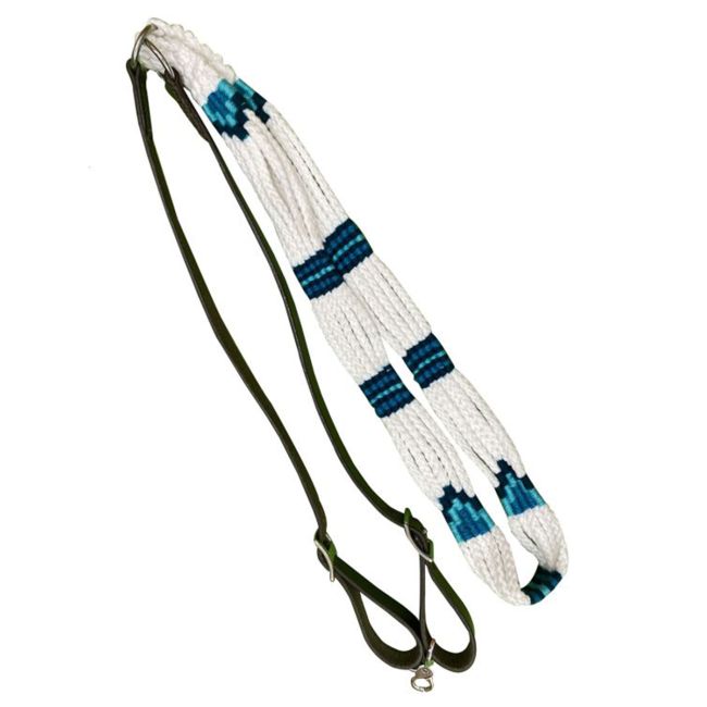 Showman Corded Leather Contest&#47;Roping Rein with Buckles - white and teal