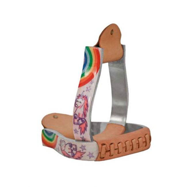 Showman Pony&#47;Youth Polished Aluminum Stirrup with Unicorn and Rainbow Print