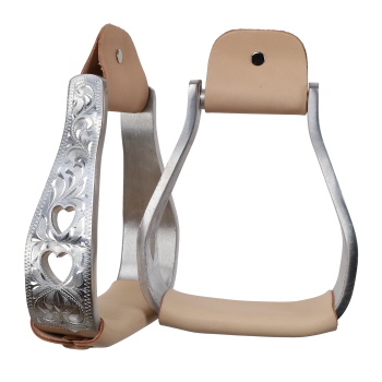 Showman ﻿Aluminum Polished Engraved Stirrups with Heart Cut Outs