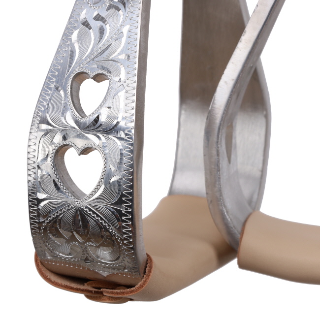 Showman ﻿Aluminum Polished Engraved Stirrups with Heart Cut Outs #2