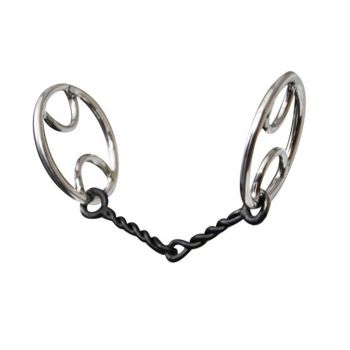 Showman stainless steel divided O-ring sweet iron snaffle. 5 1/4" broken, twisted wire mouth piece with a 3" O-ring style cheek