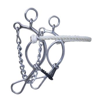 Showman stainless steel rope nose gag bit with 8" cheek. Blued steel twisted 5.25" broken mouth piece