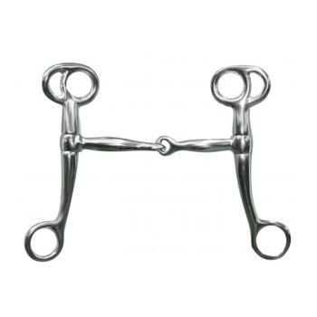 Showman chrome plated tom thumb bit with 6.25" cheeks. Chrome plated 5" broken mouth piece