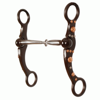 Showman brown steel snaffle bit with engraved copper studs and silver accents on the cheeks. Stainless steel 5.5" broken mouth and 6" cheeks