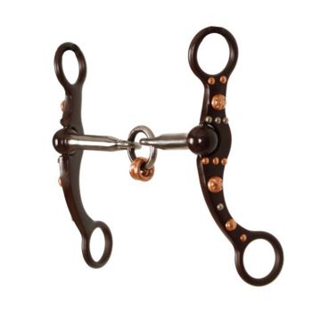 Showman brown steel bit with engraved copper studs and silver accents on the cheeks. Bit is broken with two copper rings. Stainless steel 5" broken mouth and 6" cheeks