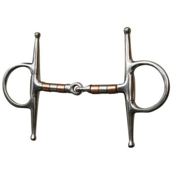 Showman stainless steel full cheek snaffle. 5" mouth with copper and stainless steel rollers and 5 7/8" cheek with 2 1/2" ring