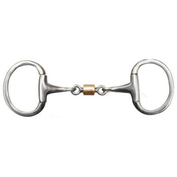 Showman eggbutt style bit with 3" ring cheeks. Stainless steel 5" mouth piece with sliding copper roller dog bone