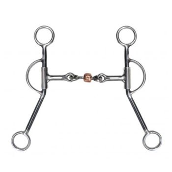 Showman stainless steel training snaffle bit. 5" mouth with a copper dog bone roller and 7" antiqued cheek