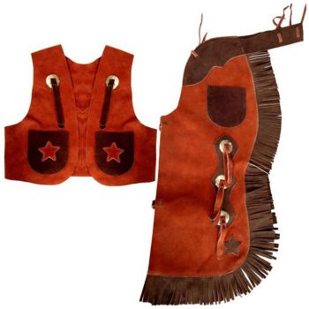 Showman Two Toned Brown kid's size suede leather chap and vest outfit with fringe