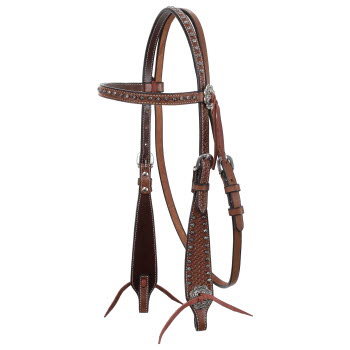 Showman Browband Argentina medium oil cow leather headstall with basket weave tooling and silver dots