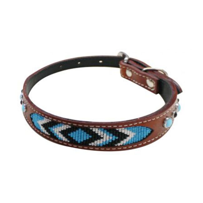 Showman Couture Genuine medium leather dog collar turquoise beaded inlay