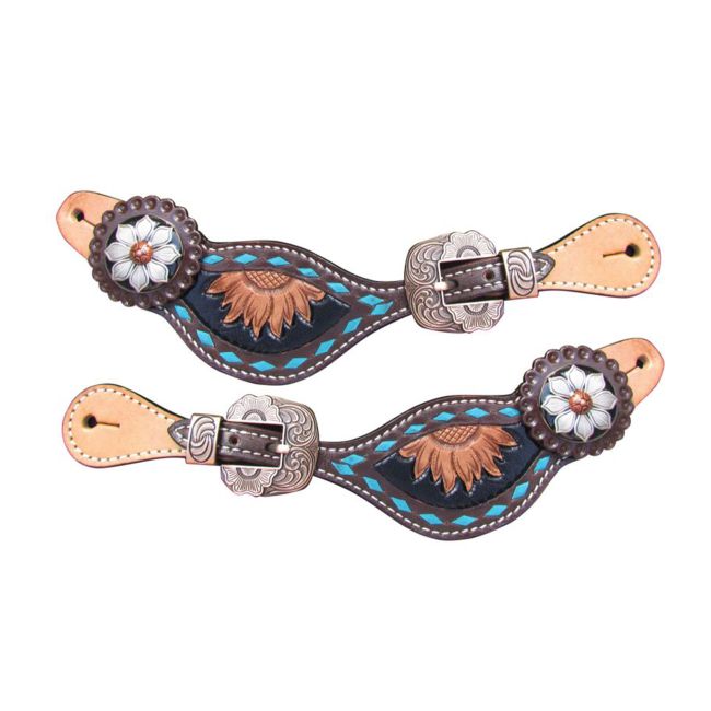 Showman Ladie's Sunflower Tooled Spur Straps with Turquoise Buckstitch Trim