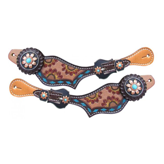 Showman Ladies Hand Painted Sunflower Spur Straps with Turquoise Buckstitch