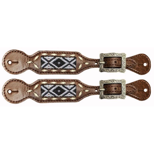 Showman Ladies Spur Straps with Black &amp; White Woven Southwest Fabric Design