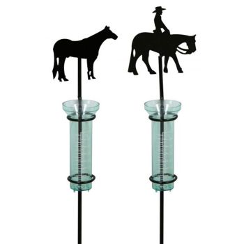 Rain gauges. Constructed of metal, featuring 2 different designs. Shipped in lots of 12, 6 each design