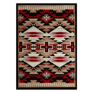 Large Southwest area rug. This rug features a red, black and tan Southwest design. Measures 5' x 6'5"