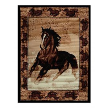 Large running horse rug. This rug features a running horse center and is accented with a running horse border. Measures 5' x 6'5"