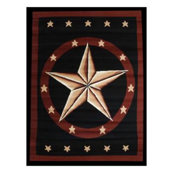 Large western star area rug. This rug features a large western star in center and is accented with a red and black border Measures 5' x 6'5"