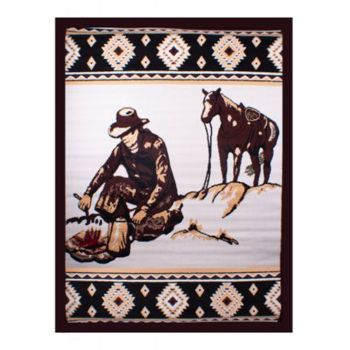 Horse and rider campfire scene area rug with southwest border. Measures 5 x 6.5"