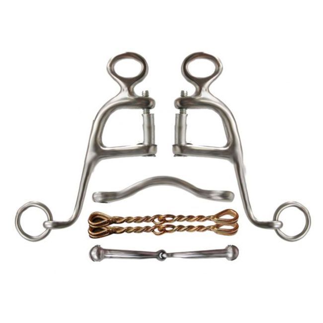 Showman stainless steel Walking horse bit with 6" cheeks. This bit comes with four 5" interchangeable mouth pieces as pictured