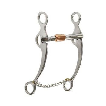 Showman stainless steel reining bit with 8" cheeks. Stainless steel 5" mouth piece with copper roller and slobber chain