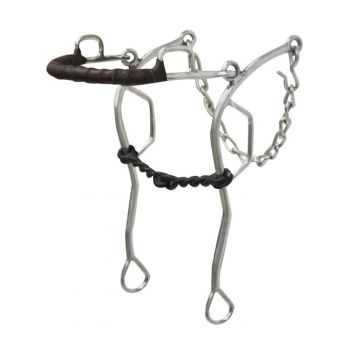 Showman stainless steel leather wrapped nose gag hackamore with 10.5" cheeks. Blued steel twisted 5.25" broken mouth piece