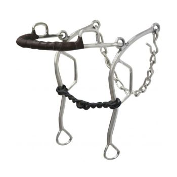 Showman stainless steel leather wrapped nose gag hackamore with 7.5" cheeks. Blued steel twisted 5.25" broken mouth piece