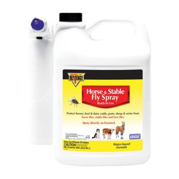 REVENGE Ready to use Gallon Sized Horse and Stable Fly Spray with spray nozzle (batteries included). Sold in lots of 3, priced individually