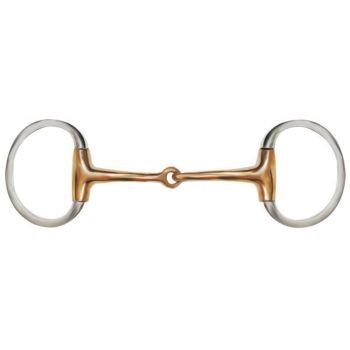 Showman Stainless Steel English style bit with 3.5" ring cheeks. Copper 5" broken mouth piece