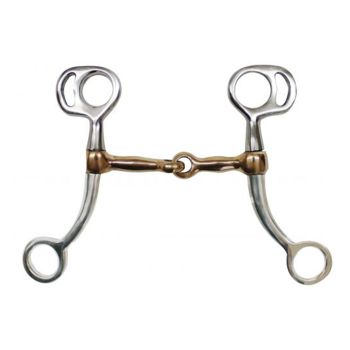 Showman stainless steel mini tom thumb bit with 5.75" cheeks. Copper 3.75" broken mouth piece