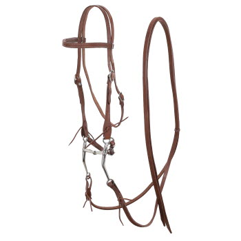 Showman Argentina Cow Leather horse bridle with reins and long shank tom thumb bit