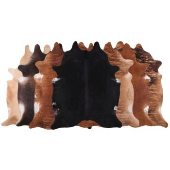 LG/XL Brown, Beige, Black, Tornasol, and Brindle hair on cowhide rugs. Measures approximately 40-45 square feet