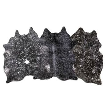 LG/XL Brazilian Acid Washed Silver on Black cowhide rugs. Measures approx. 42.5-50 sq ft