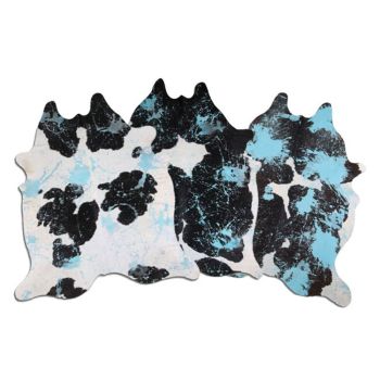 LG/XL Brazilian Aqua Splatter Distressed Black / White cowhide rugs. Measures approx. 42.5-50 square feet