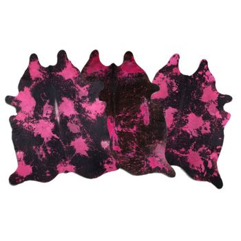 LG/XL Brazilian Pink splatter distressed Black cowhide rugs. Measures approx. 42.5-50 square feet