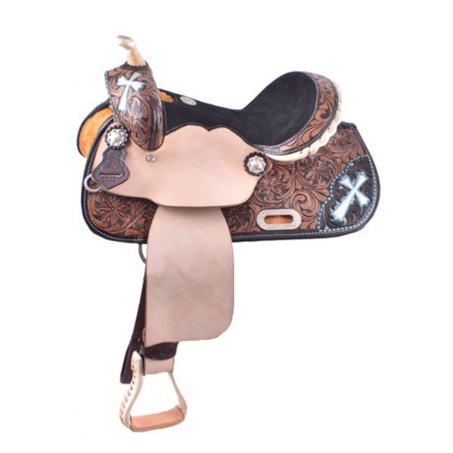 Double T Barrel Style Saddle with Hand Painted Cross - 13 Inch