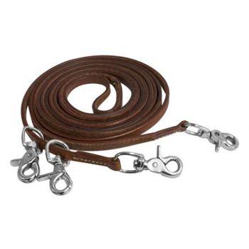 Showman Harness leather draw reins with 4 scissor snaps. 3/8" x 11ft