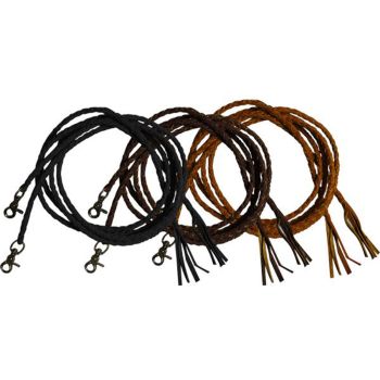 Leather braided split reins with scissor snap ends. 6.5 ft long